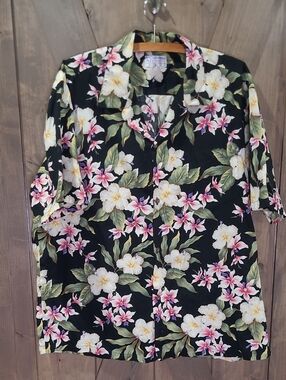 KY International Hawaiian Shirt Pink White Black Floral XL